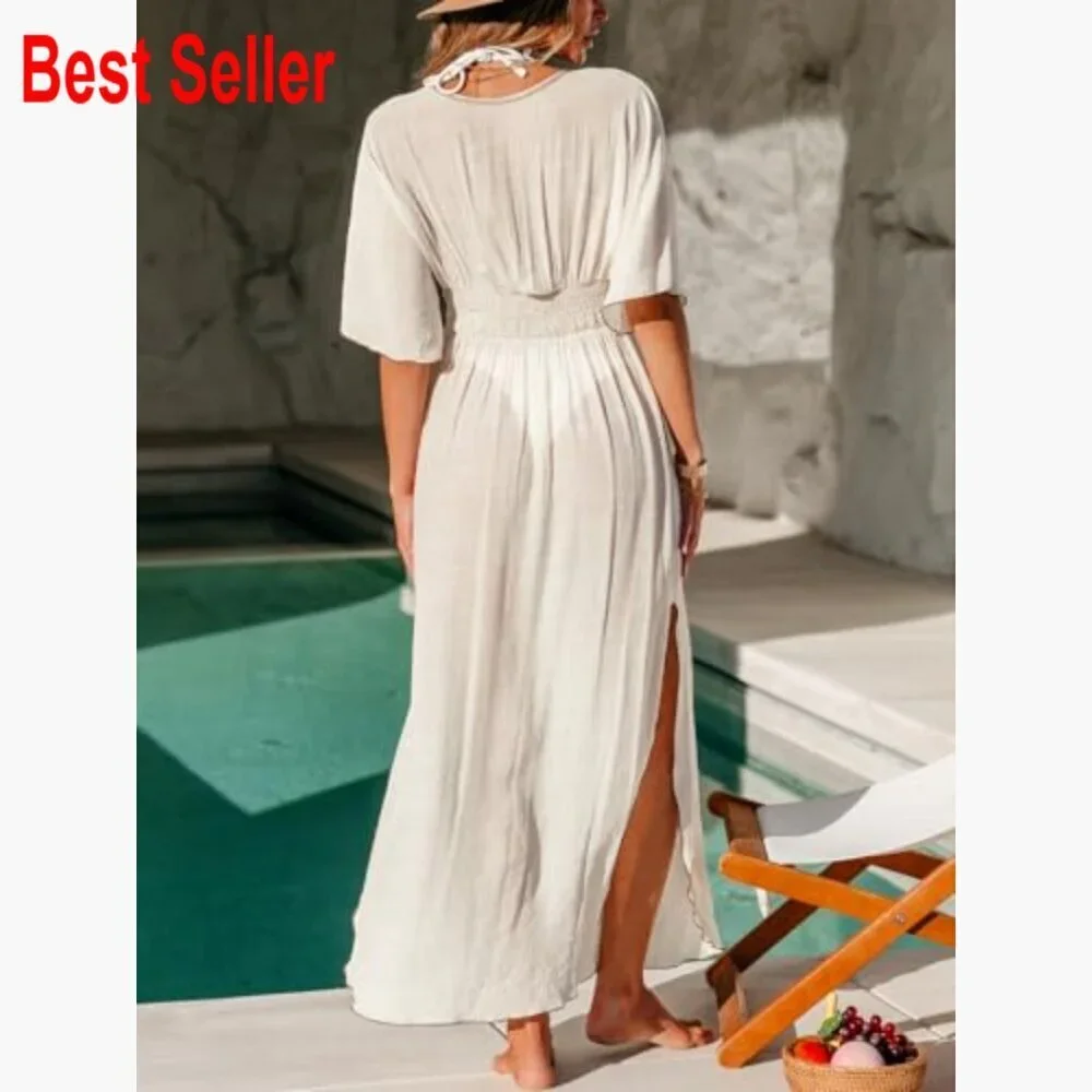 Rayon Blend Maxi Coverup Dress with V Neck and Split Hem